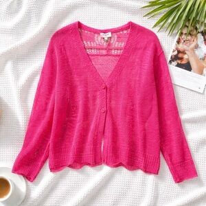 Umgee Cardigan in Fuchsia Open-Front Lightweight Button Down Crochet Cardigan